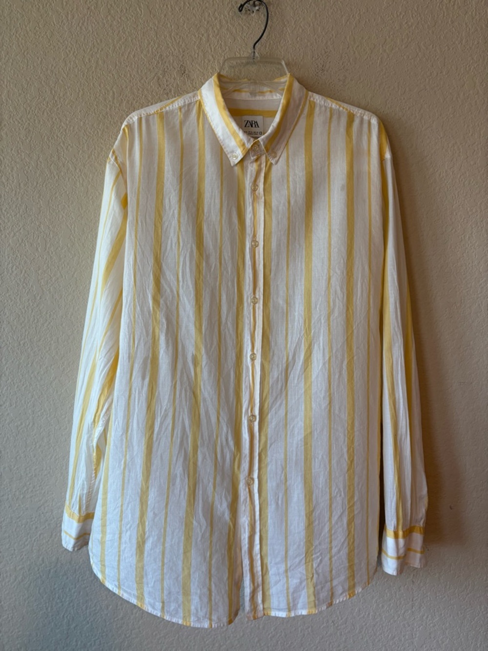 Zara Men Lightweight 100% Cotton Yellow White Stripe Button Down XL Relaxed Fit
